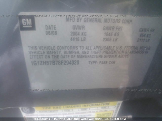 1G1ZH57B78F294020 - 2008 CHEVROLET MALIBU 1LT GRAY photo 9