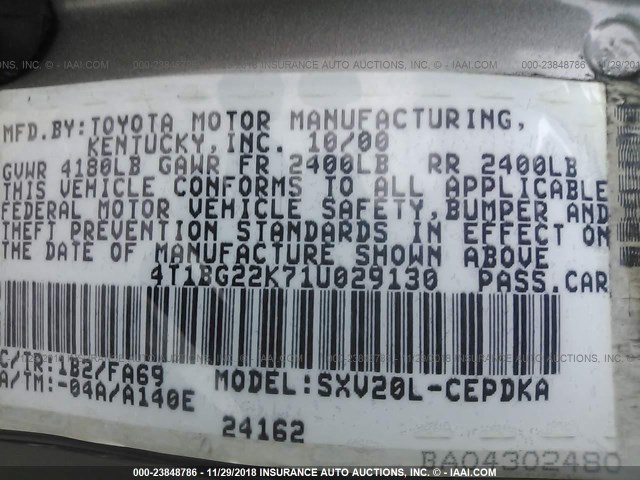 4T1BG22K71U029130 - 2001 TOYOTA CAMRY CE/LE/XLE TAN photo 9