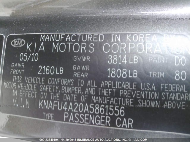 KNAFU4A20A5861556 - 2010 KIA FORTE EX GRAY photo 9