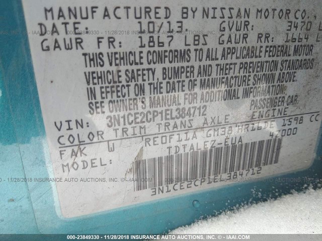 3N1CE2CP1EL384712 - 2014 NISSAN VERSA NOTE S/S PLUS/SV/SL Light Blue photo 9