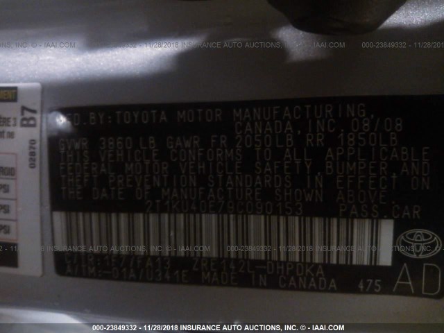 2T1KU40E79C090153 - 2009 TOYOTA COROLLA MATRIX  SILVER photo 9
