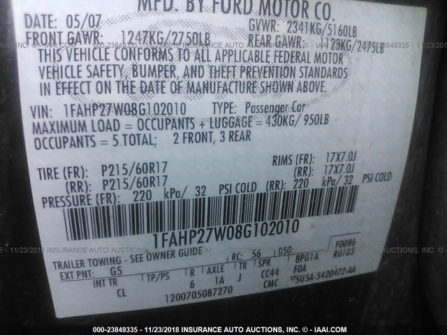 1FAHP27W08G102010 - 2008 FORD TAURUS SEL GRAY photo 9