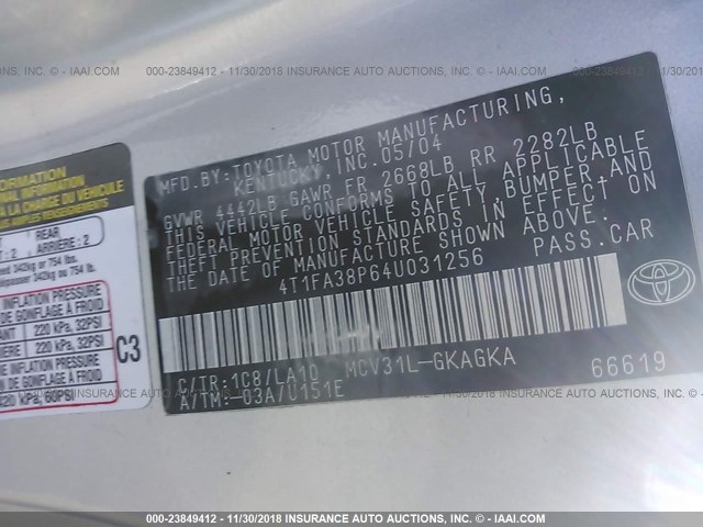 4T1FA38P64U031256 - 2004 TOYOTA CAMRY SOLARA SE/SLE Gümüş foto 9