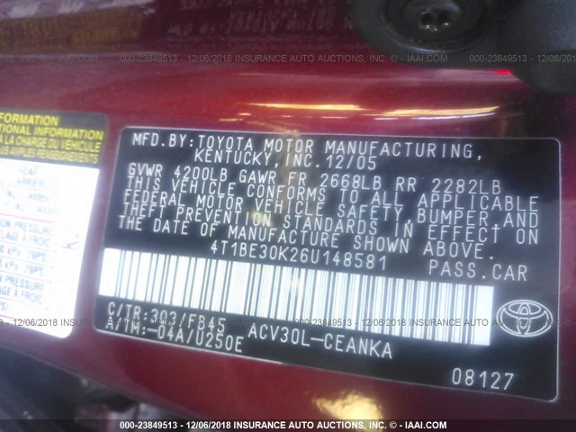 4T1BE30K26U148581 - 2006 TOYOTA CAMRY LE/XLE/SE RED photo 9