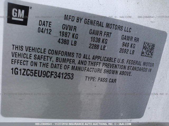 1G1ZC5EU9CF341253 - 2012 CHEVROLET MALIBU 1LT WHITE photo 9