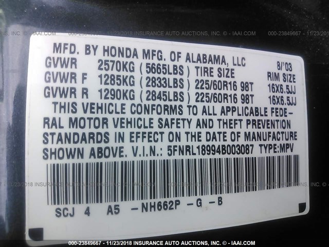 5FNRL18994B003087 - 2004 HONDA ODYSSEY EXL BLUE photo 9