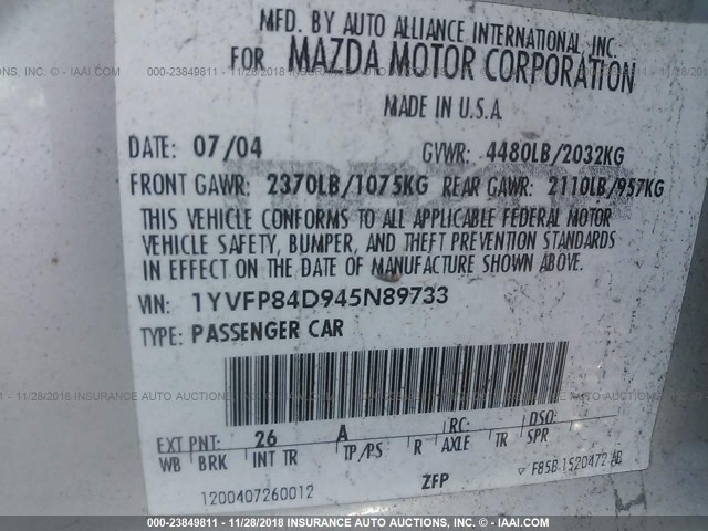 1YVFP84D945N89733 - 2004 MAZDA 6 GRAY photo 9