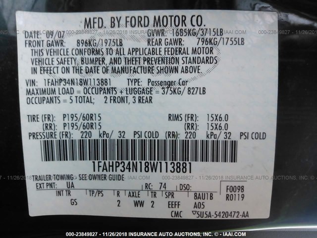 1FAHP34N18W113881 - 2008 FORD FOCUS S/SE BLACK photo 9