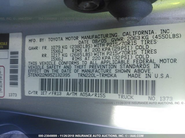 5TENX22N95Z132395 - 2005 TOYOTA TACOMA SILVER photo 9