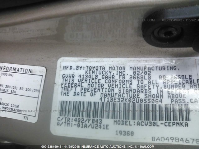 4T1BE32K02U055064 - 2002 TOYOTA CAMRY LE/XLE/SE GOLD photo 9