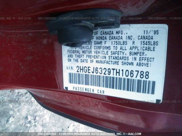 2HGEJ6329TH106788 - 1996 HONDA CIVIC CX BLACK photo 9