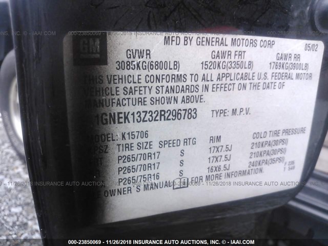 1GNEK13Z32R296783 - 2002 CHEVROLET TAHOE K1500 BLACK photo 9