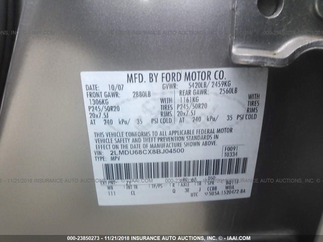 2LMDU68CX8BJ04500 - 2008 LINCOLN MKX Pewter photo 9