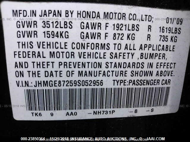 JHMGE87259S052956 - 2009 HONDA FIT BLACK photo 9