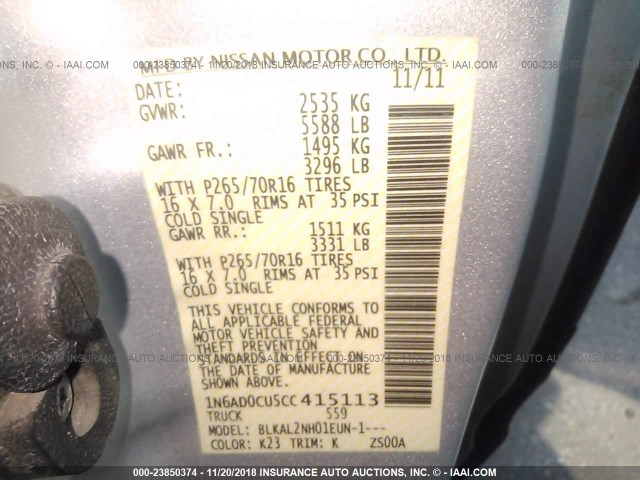 1N6AD0CU5CC415113 - 2012 NISSAN FRONTIER SV/PRO-4X SILVER photo 9