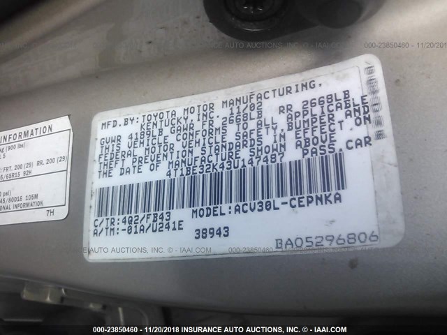 4T1BE32K43U147487 - 2003 TOYOTA CAMRY LE/XLE/SE GOLD photo 9