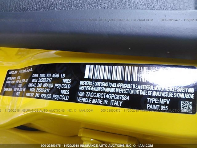 ZACCJBCT4GPC87584 - 2016 JEEP RENEGADE TRAILHAWK YELLOW photo 9