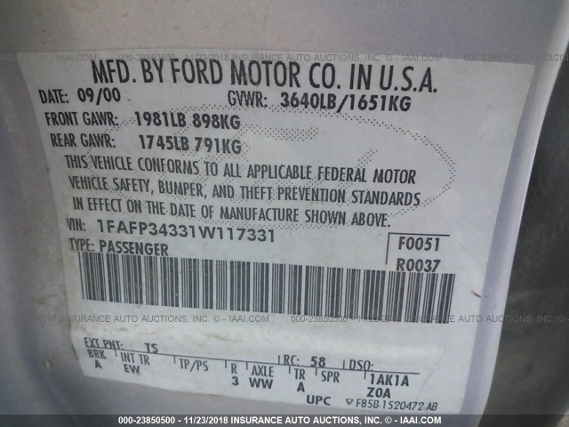 1FAFP34331W117331 - 2001 FORD FOCUS SE/SE SPORT SILVER photo 9