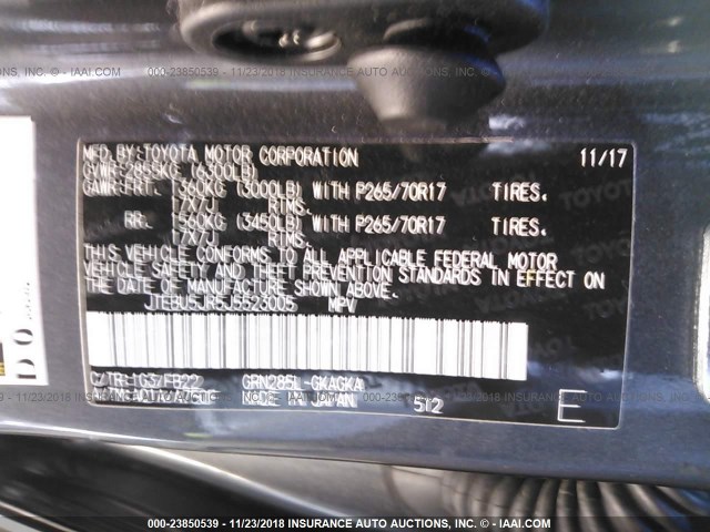 JTEBU5JR5J5523005 - 2018 TOYOTA 4RUNNER SR5 PREM/LTDL/TRAIL/TRD GRAY photo 9