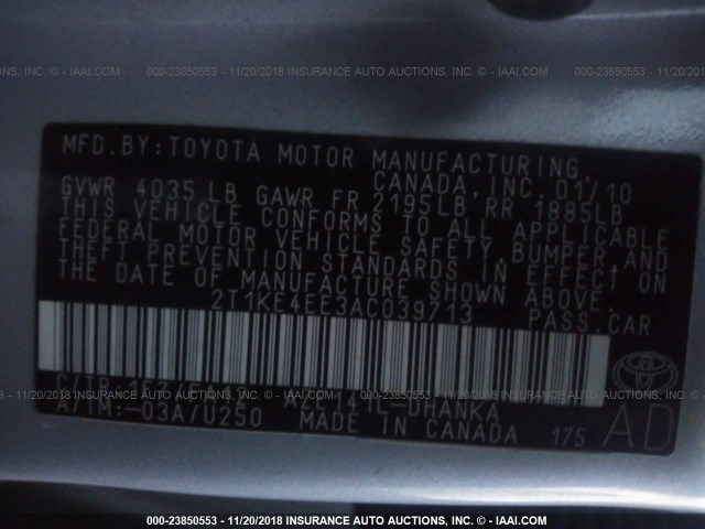 2T1KE4EE3AC039713 - 2010 TOYOTA COROLLA MATRIX S SILVER photo 9