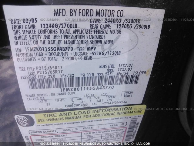 1FMZK01155GA43770 - 2005 FORD FREESTYLE SE BLACK photo 7