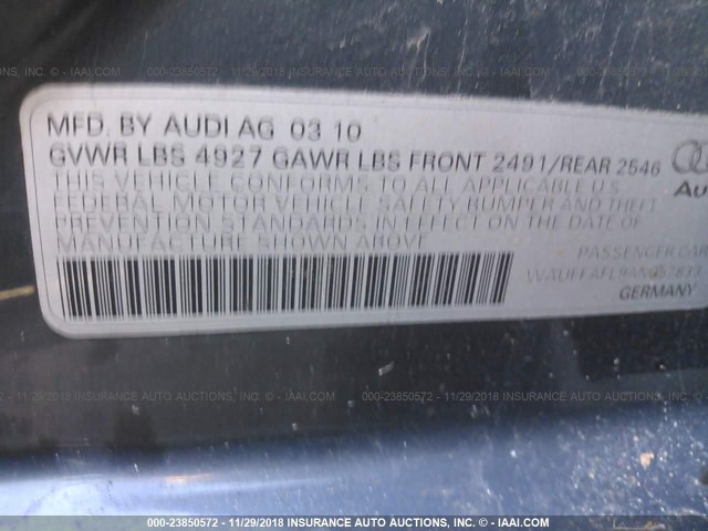 WAUFFAFL9AN057833 - 2010 AUDI A4 PREMIUM PLUS GRAY photo 9