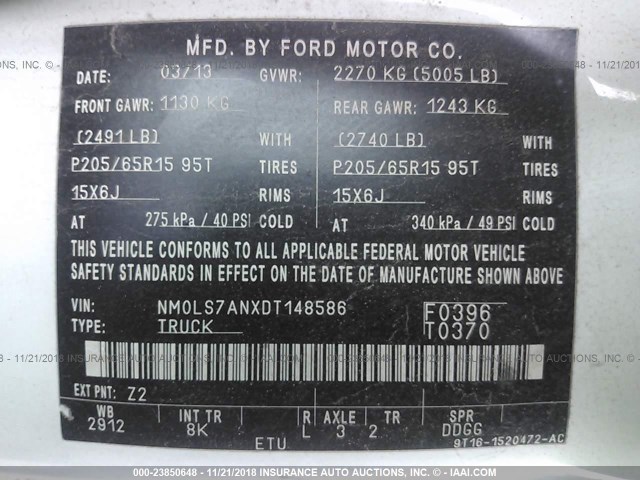 NM0LS7ANXDT148586 - 2013 FORD TRANSIT CONNECT  白色 照片 9