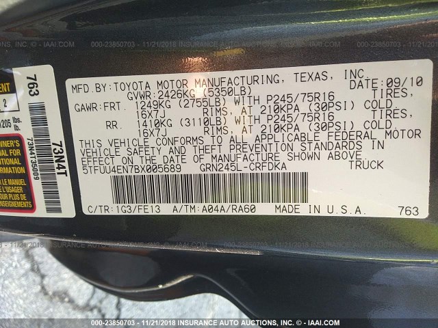 5TFUU4EN7BX005689 - 2011 TOYOTA TACOMA ACCESS CAB ნაცრისფერი ფოტო 9