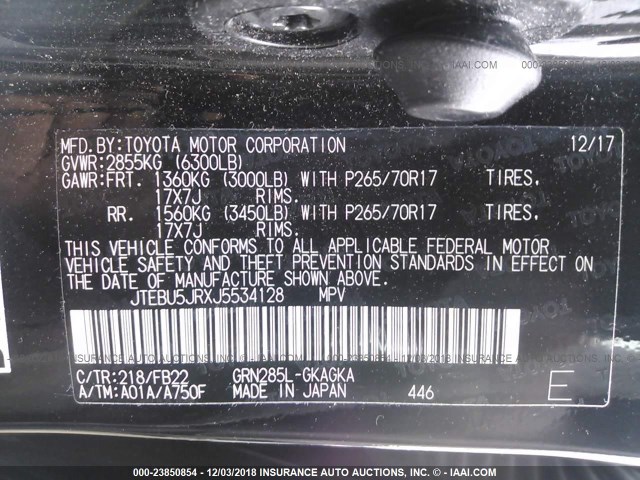 JTEBU5JRXJ5534128 - 2018 TOYOTA 4RUNNER SR5 PREM/LTDL/TRAIL/TRD Czarny zdjęcie 9