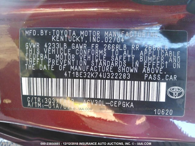 4T1BE32K74U322283 - 2004 TOYOTA CAMRY LE/XLE/SE MAROON photo 9