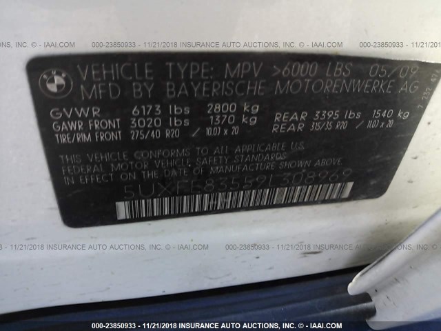 5UXFE83559L308969 - 2009 BMW X5 WHITE photo 9