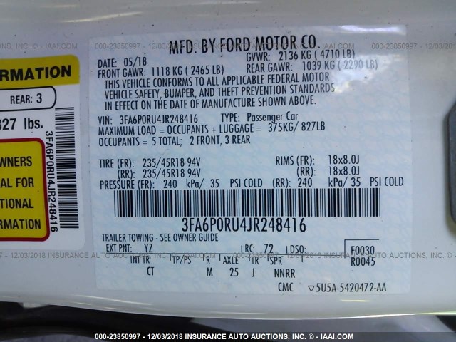 3FA6P0RU4JR248416 - 2018 FORD FUSION TITANIUM/PLATINUM HEV WHITE photo 9