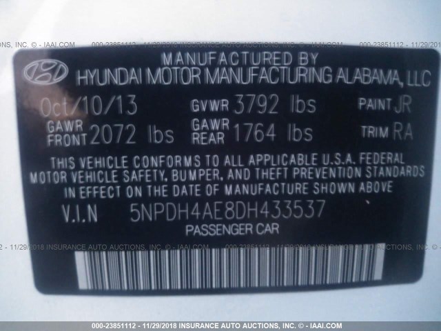 5NPDH4AE8DH433537 - 2013 HYUNDAI ELANTRA GLS/LIMITED WHITE photo 9