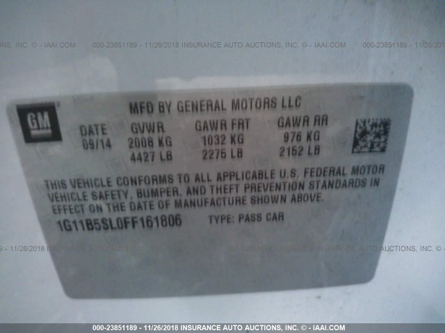 1G11B5SL0FF161806 - 2015 CHEVROLET MALIBU LS WHITE photo 9