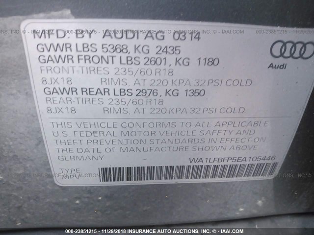 WA1LFBFP5EA105446 - 2014 AUDI Q5 PREMIUM PLUS GRAY photo 9