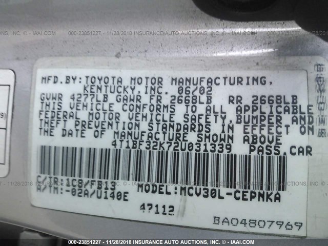 4T1BF32K72U031339 - 2002 TOYOTA CAMRY LE/XLE/SE SILVER photo 9