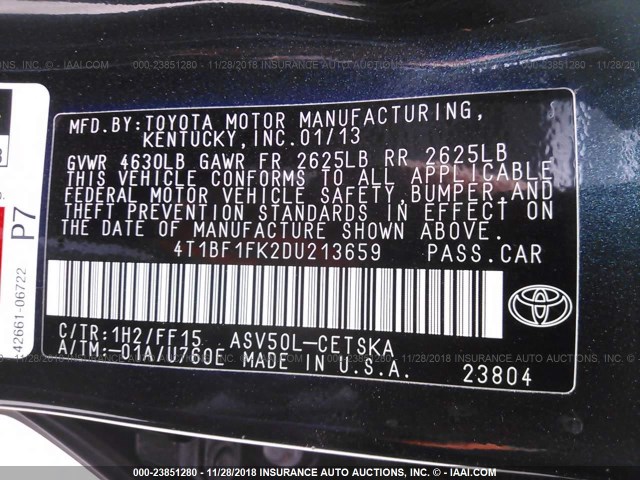 4T1BF1FK2DU213659 - 2013 TOYOTA CAMRY L/SE/LE/XLE Qara foto 9