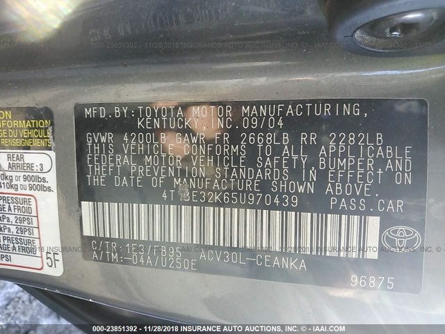 4T1BE32K65U970439 - 2005 TOYOTA CAMRY LE/XLE/SE GRAY photo 9