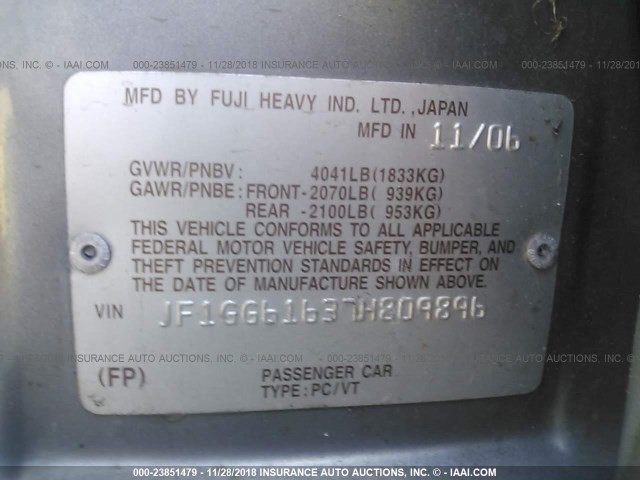 JF1GG61637H809896 - 2007 SUBARU IMPREZA 2.5I SILVER photo 9