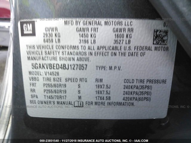 5GAKVBED4BJ127057 - 2011 BUICK ENCLAVE CXL GRAY photo 9