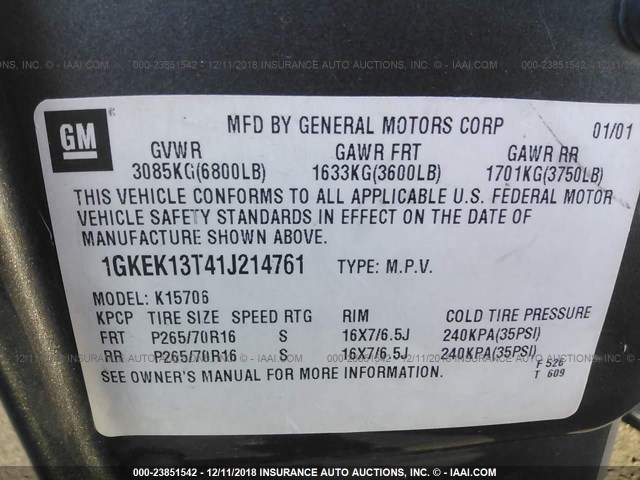 1GKEK13T41J214761 - 2001 GMC YUKON GRAY photo 9