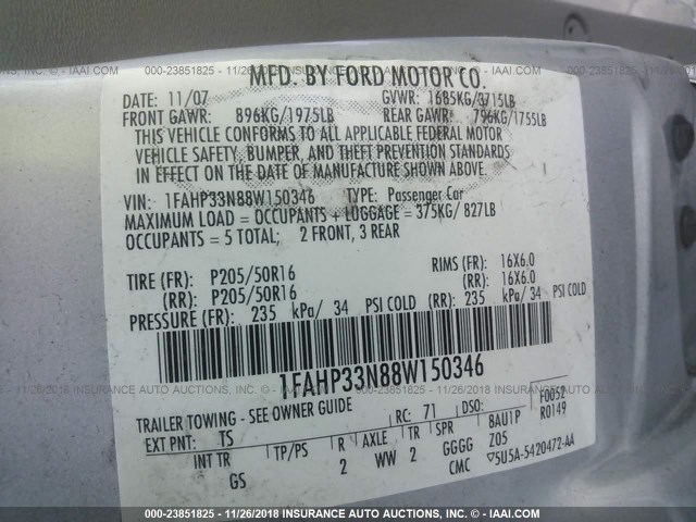 1FAHP33N88W150346 - 2008 FORD FOCUS SE/SEL/SES SILVER photo 9