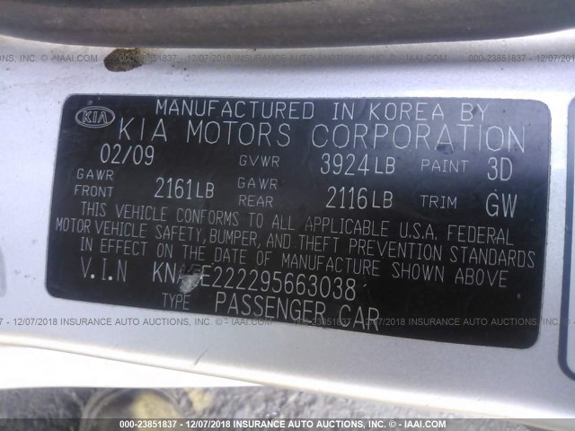 KNAFE222295663038 - 2009 KIA SPECTRA EX/LX/SX SILVER photo 9