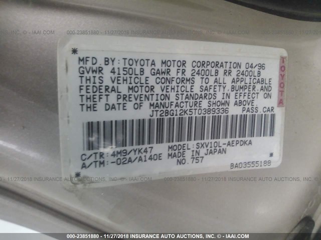 JT2BG12K5T0389336 - 1996 TOYOTA CAMRY DX/LE/XLE SILVER photo 9