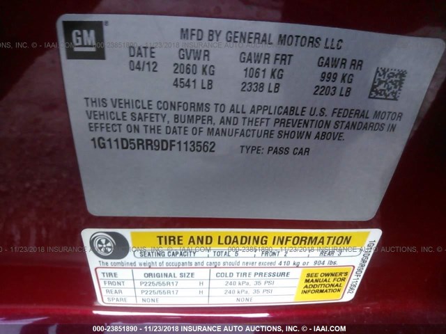 1G11D5RR9DF113562 - 2013 CHEVROLET MALIBU 1LT RED photo 9