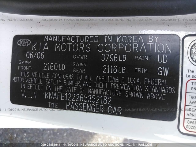 KNAFE122265352182 - 2006 KIA NEW SPECTRA LX/EX WHITE photo 9