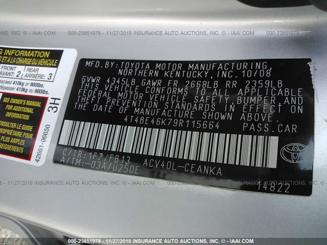 4T4BE46K79R115664 - 2009 TOYOTA CAMRY SE/LE/XLE 银色 照片 9