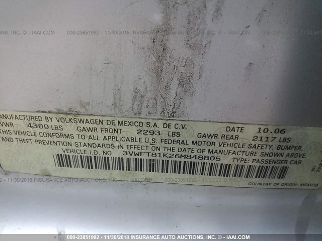 3VWFT81K26M848805 - 2006 VOLKSWAGEN JETTA TDI SILVER photo 9