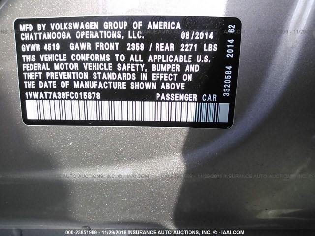 1VWAT7A38FC015878 - 2015 VOLKSWAGEN PASSAT S TAN photo 9