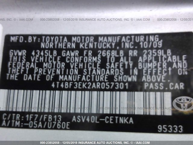 4T4BF3EK2AR057301 - 2010 TOYOTA CAMRY SE/LE/XLE GRAY photo 9